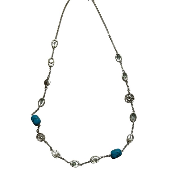 Chico's Jewelry - Chicos Necklace Silver Tone Chain Link Faux Turquoise Accents Long Length